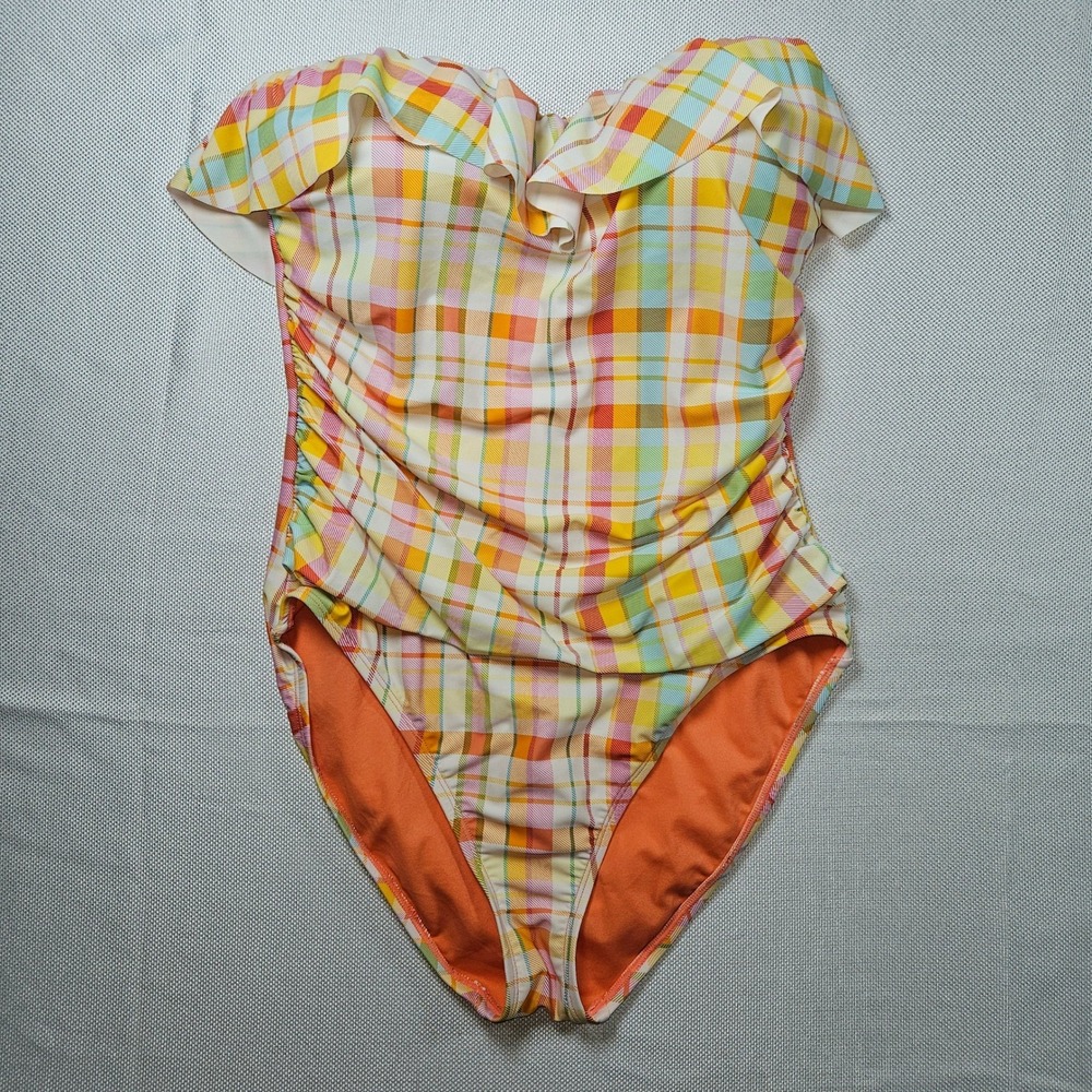 Bleu Rod Beattie Orange Plaid Ruffle Strapless One Piece Swimsuit Women's 10
